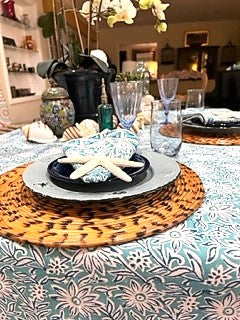 Creamy Aqua Block Print Tablecloth, Reminiscent of Caribbean Waters