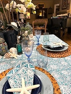 Creamy Aqua Block Print Tablecloth, Reminiscent of Caribbean Waters