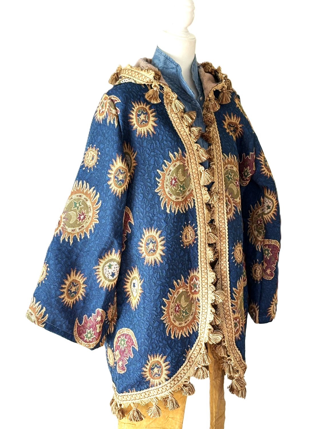 Jacket: Handmade Tapestry Fringe Coat. Celestial Sun Moon Stars