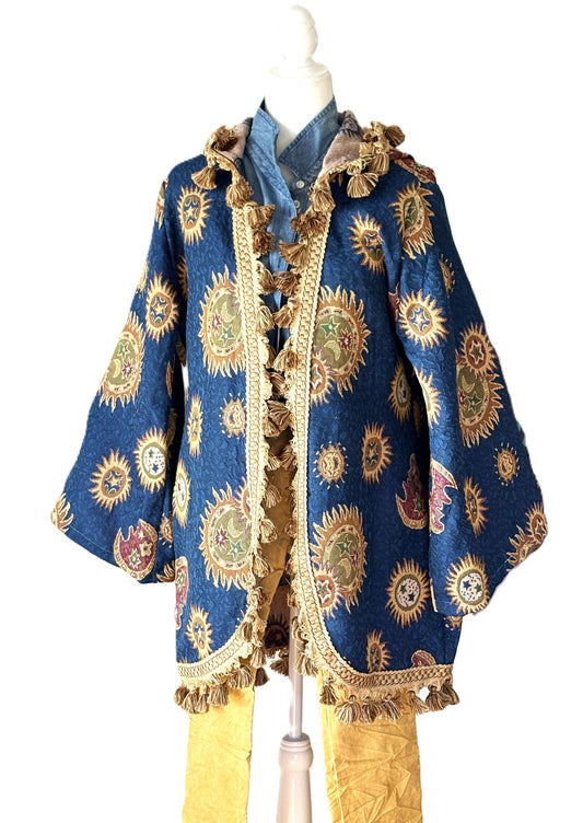 Jacket: Handmade Tapestry Fringe Coat. Celestial Sun Moon Stars