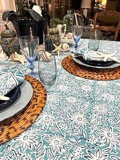 Creamy Aqua Block Print Tablecloth, Reminiscent of Caribbean Waters