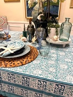 Creamy Aqua Block Print Tablecloth, Reminiscent of Caribbean Waters