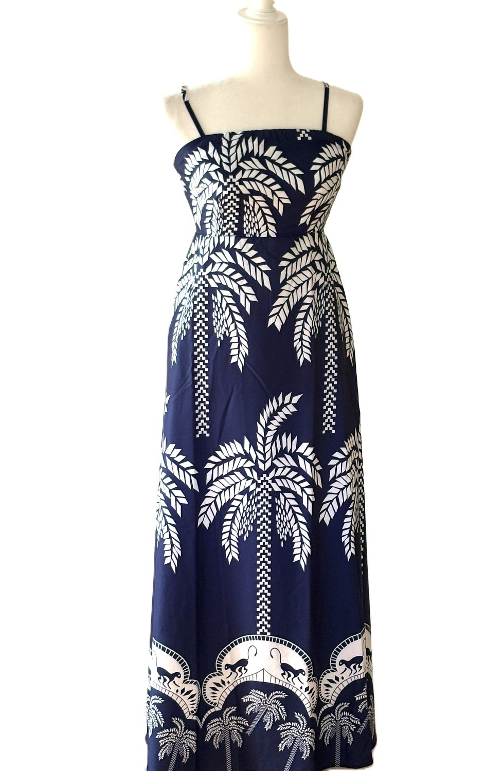 Dresses: Strappy and Dramatic Tropical Print Designer Maxi. Resortwear.(Navy)