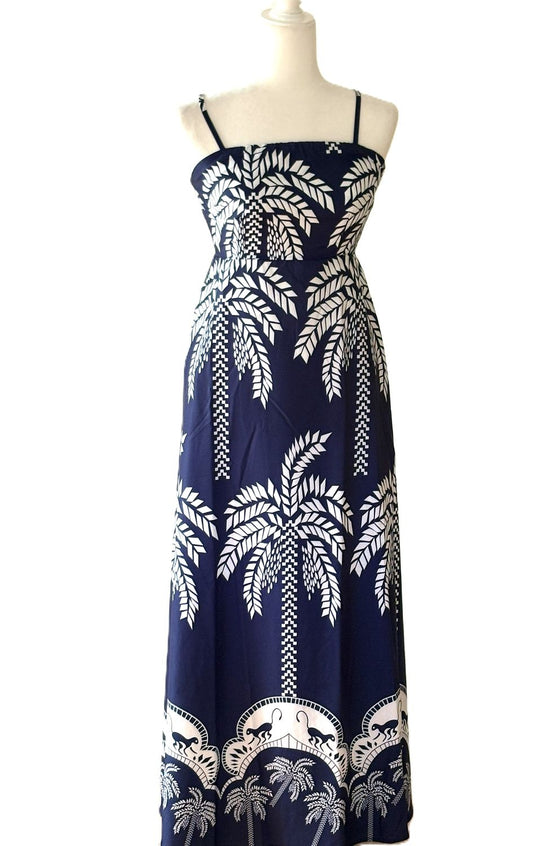 Dresses: Strappy and Dramatic Tropical Print Designer Maxi. Resortwear.(Navy)
