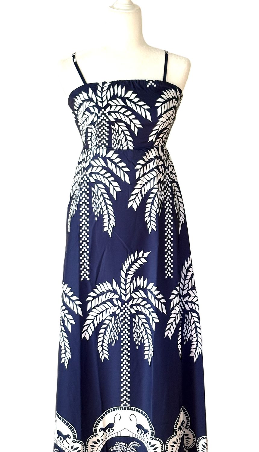 Dresses: Strappy and Dramatic Tropical Print Designer Maxi. Resortwear.(Navy)