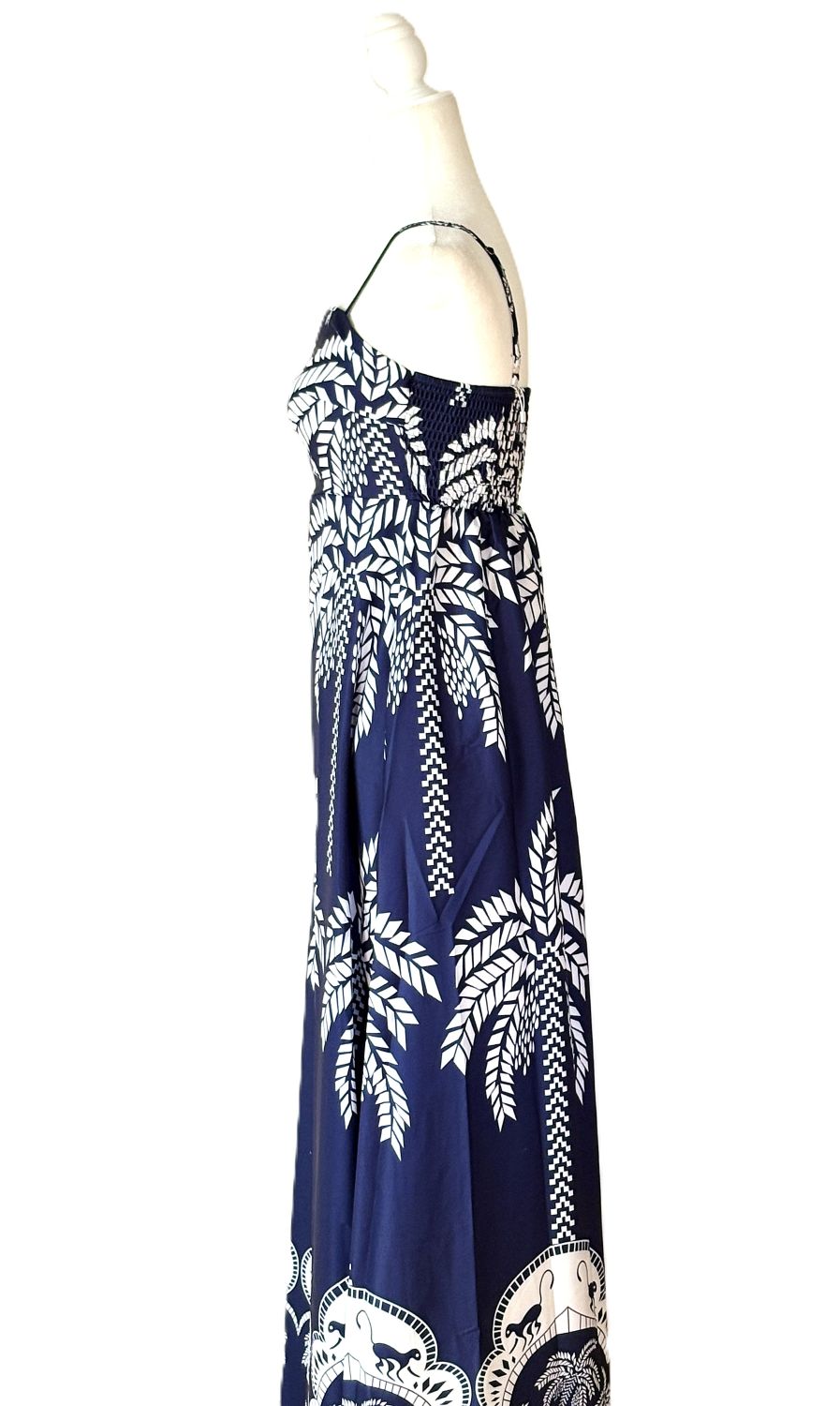 Dresses: Strappy and Dramatic Tropical Print Designer Maxi. Resortwear.(Navy)