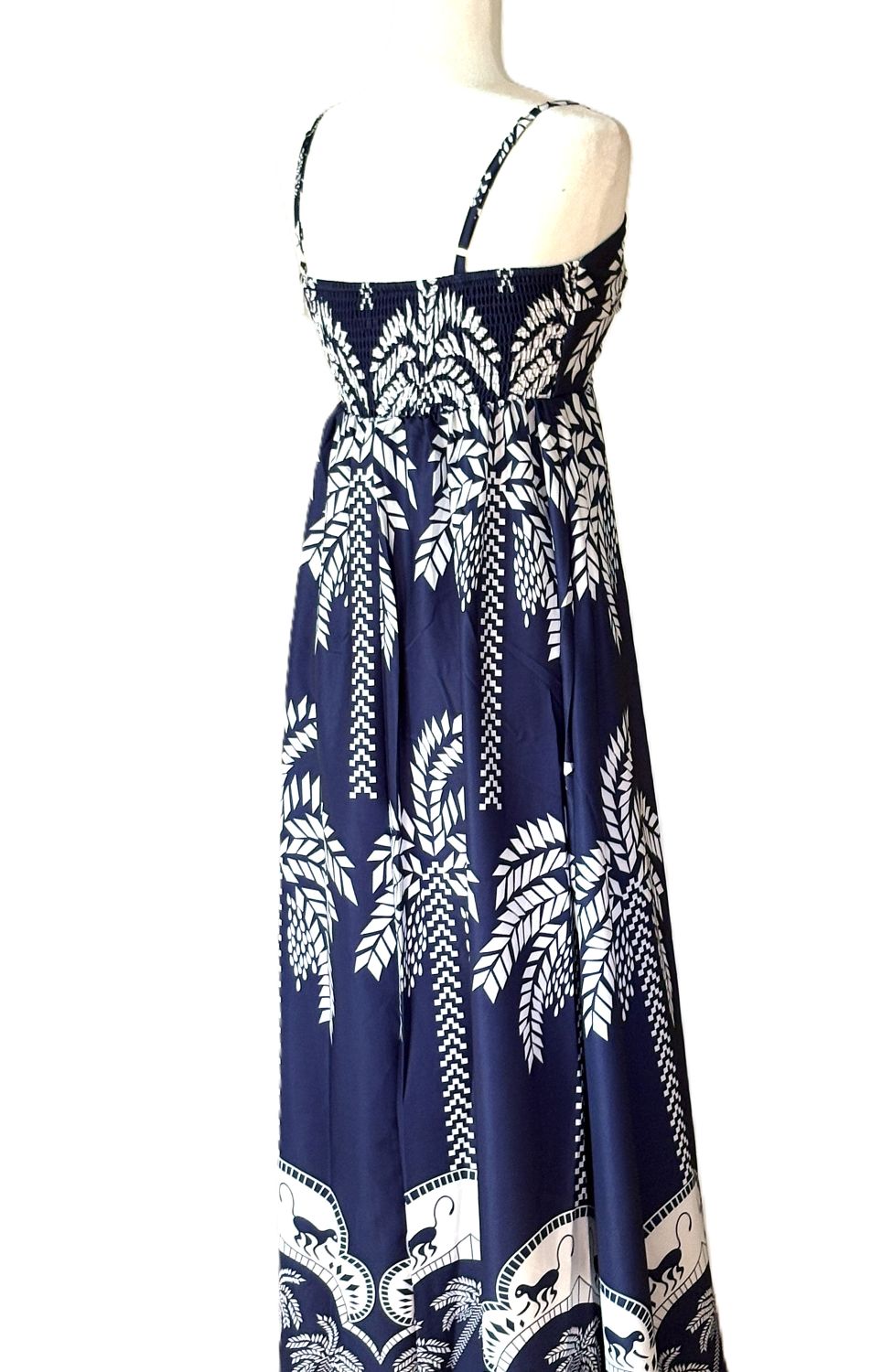 Dresses: Strappy and Dramatic Tropical Print Designer Maxi. Resortwear.(Navy)