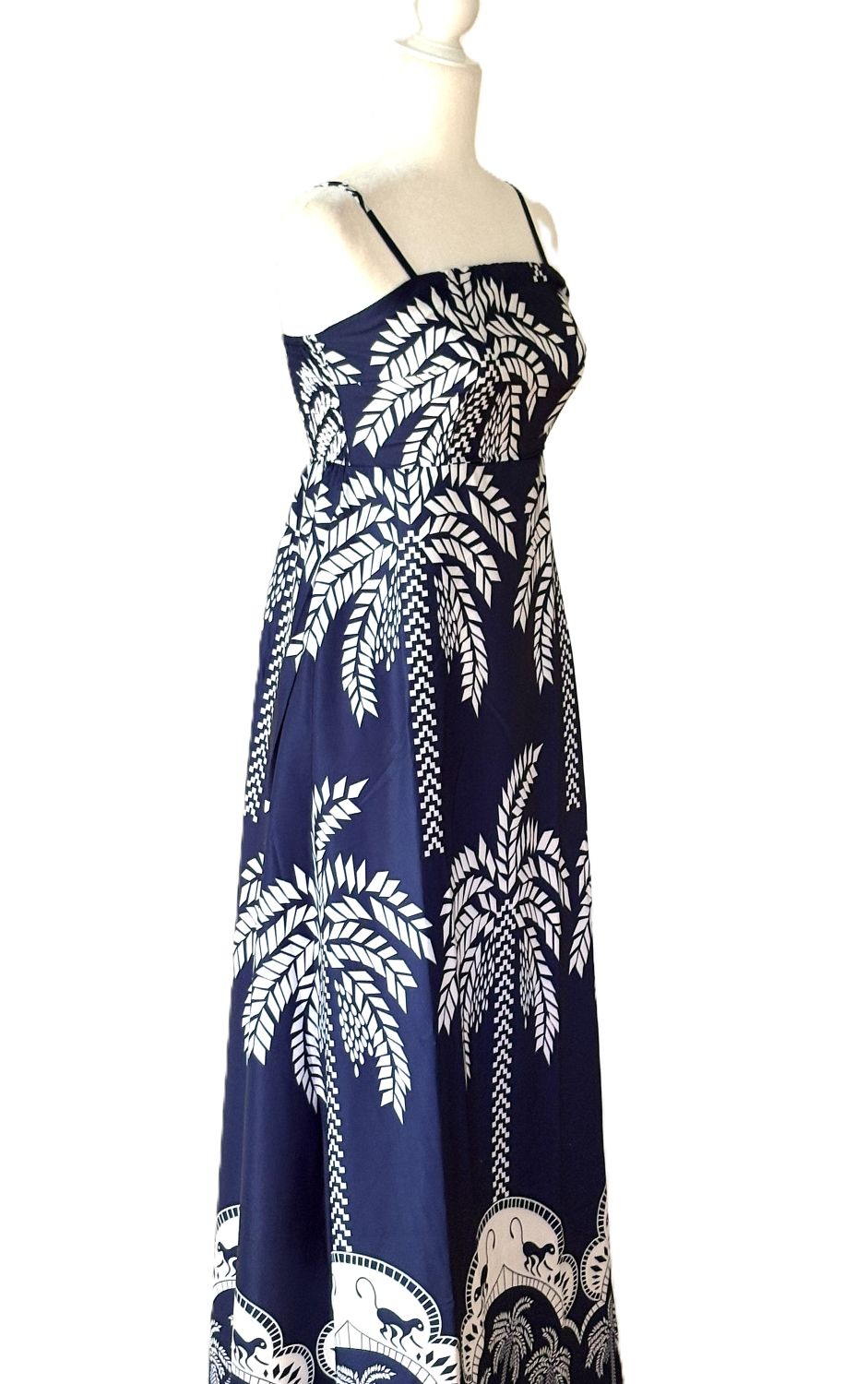Dresses: Strappy and Dramatic Tropical Print Designer Maxi. Resortwear.(Navy)
