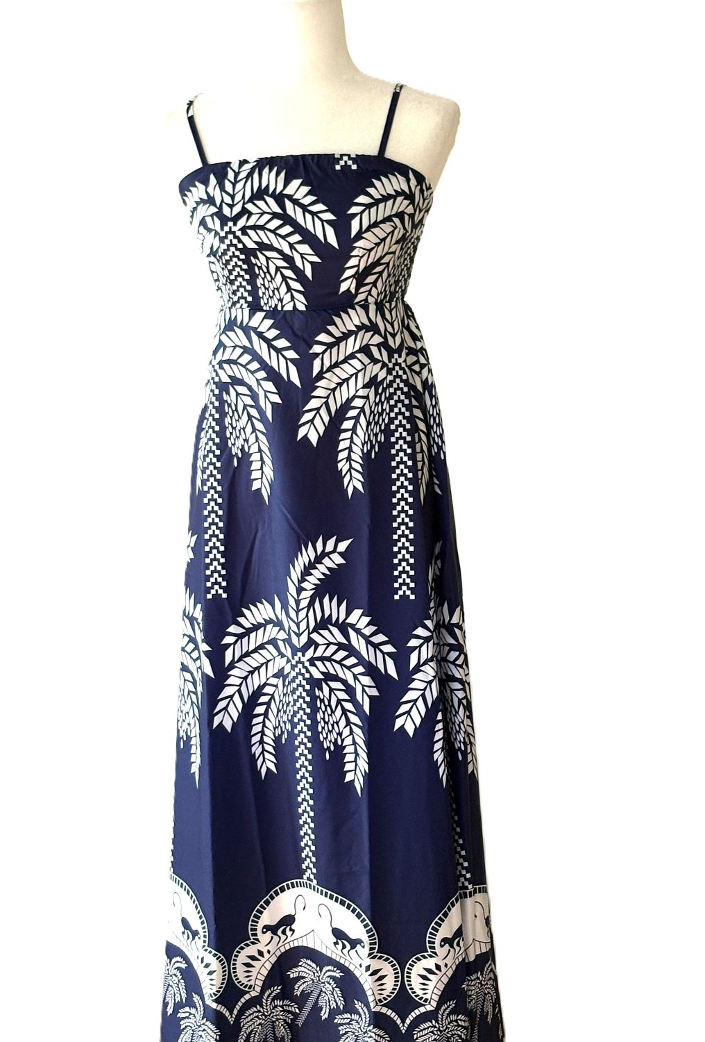Dresses: Strappy and Dramatic Tropical Print Designer Maxi. Resortwear.(Navy)