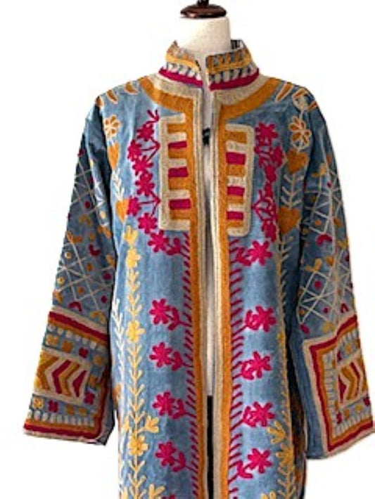 Jacket - Wearable Art, Hand Embroidered Kimono Coat (Blue)