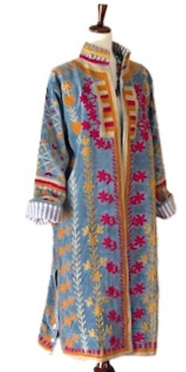 Jacket - Wearable Art, Hand Embroidered Kimono Coat (Blue)