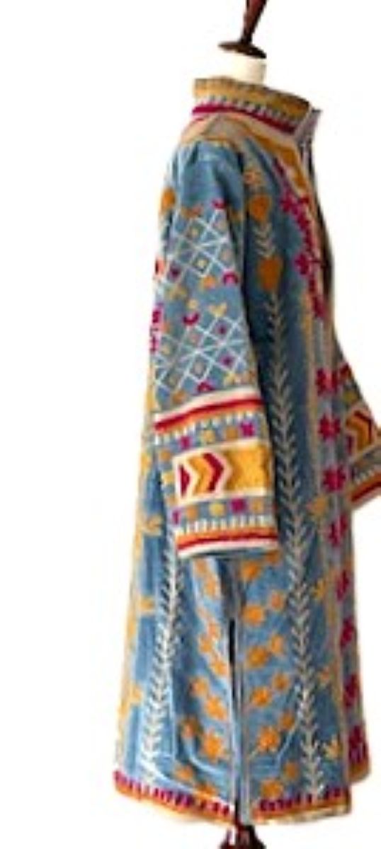 Jacket - Wearable Art, Hand Embroidered Kimono Coat (Blue)