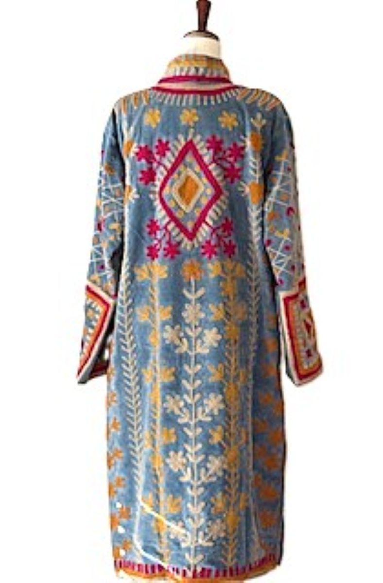 Jacket - Wearable Art, Hand Embroidered Kimono Coat (Blue)