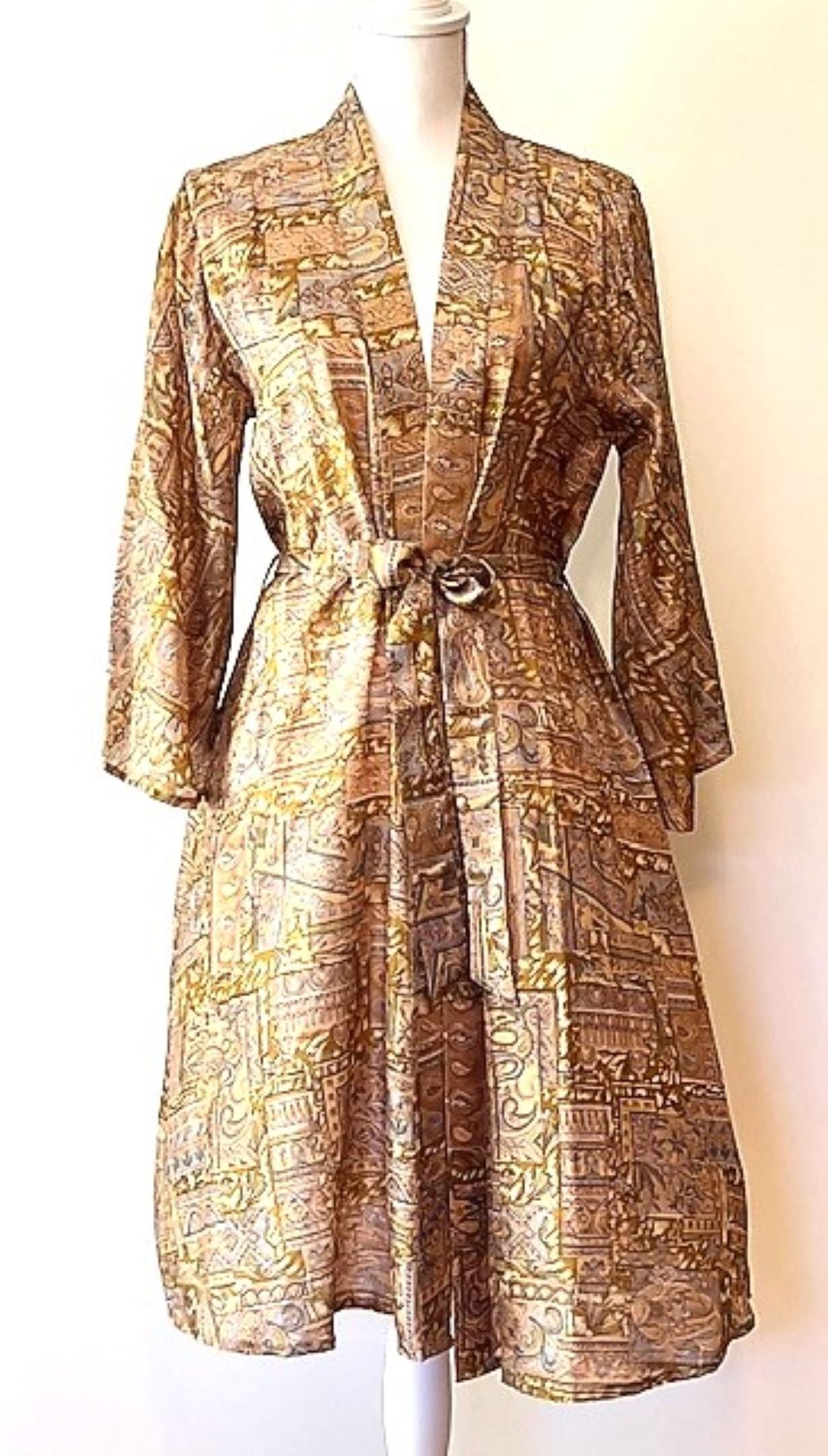 Luxury Silk Kimono Duster Dress; Elegant Print (Gold)