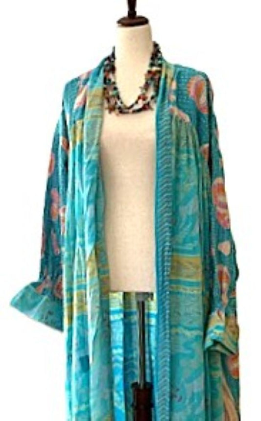 Kantha Bae Majestic Long Silk Kimono (Aqua)