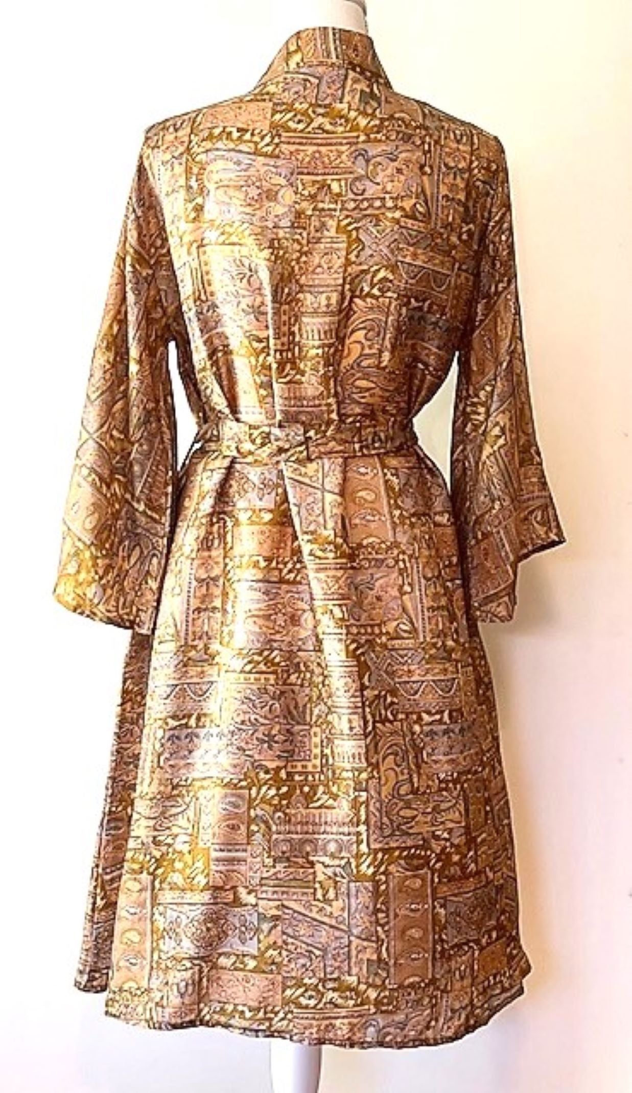 Luxury Silk Kimono Duster Dress; Elegant Print (Gold)