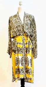 Luxury Rich Silk Print Kimono Duster Dress is Elegant (Gray and Yellow)