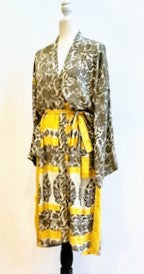 Luxury Rich Silk Print Kimono Duster Dress is Elegant (Gray and Yellow)