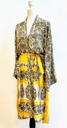 Luxury Rich Silk Print Kimono Duster Dress is Elegant (Gray and Yellow)