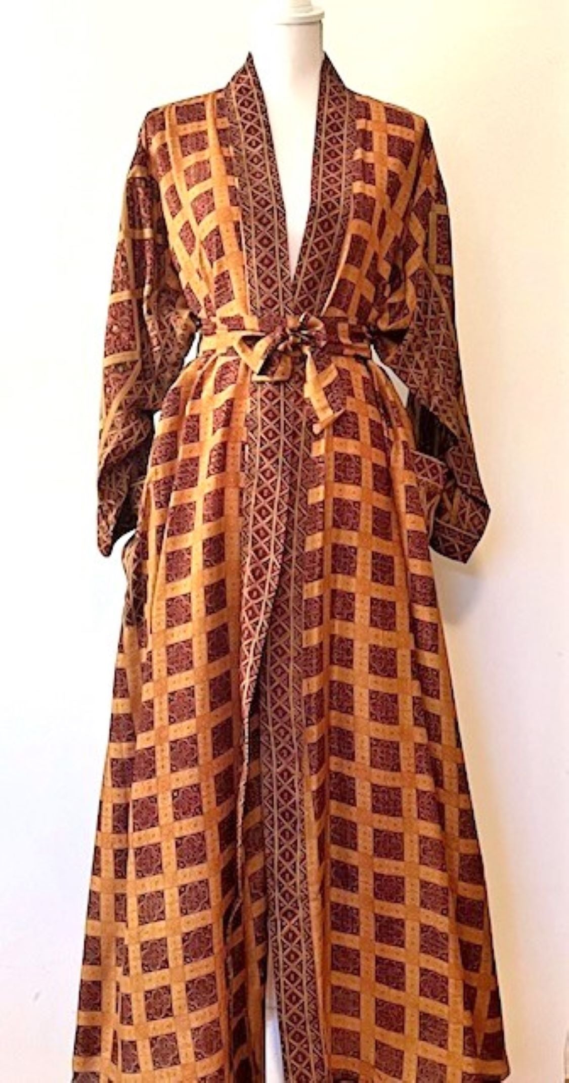 Luxury Silk Kimono Duster Dress; Uptown Print (Copper)