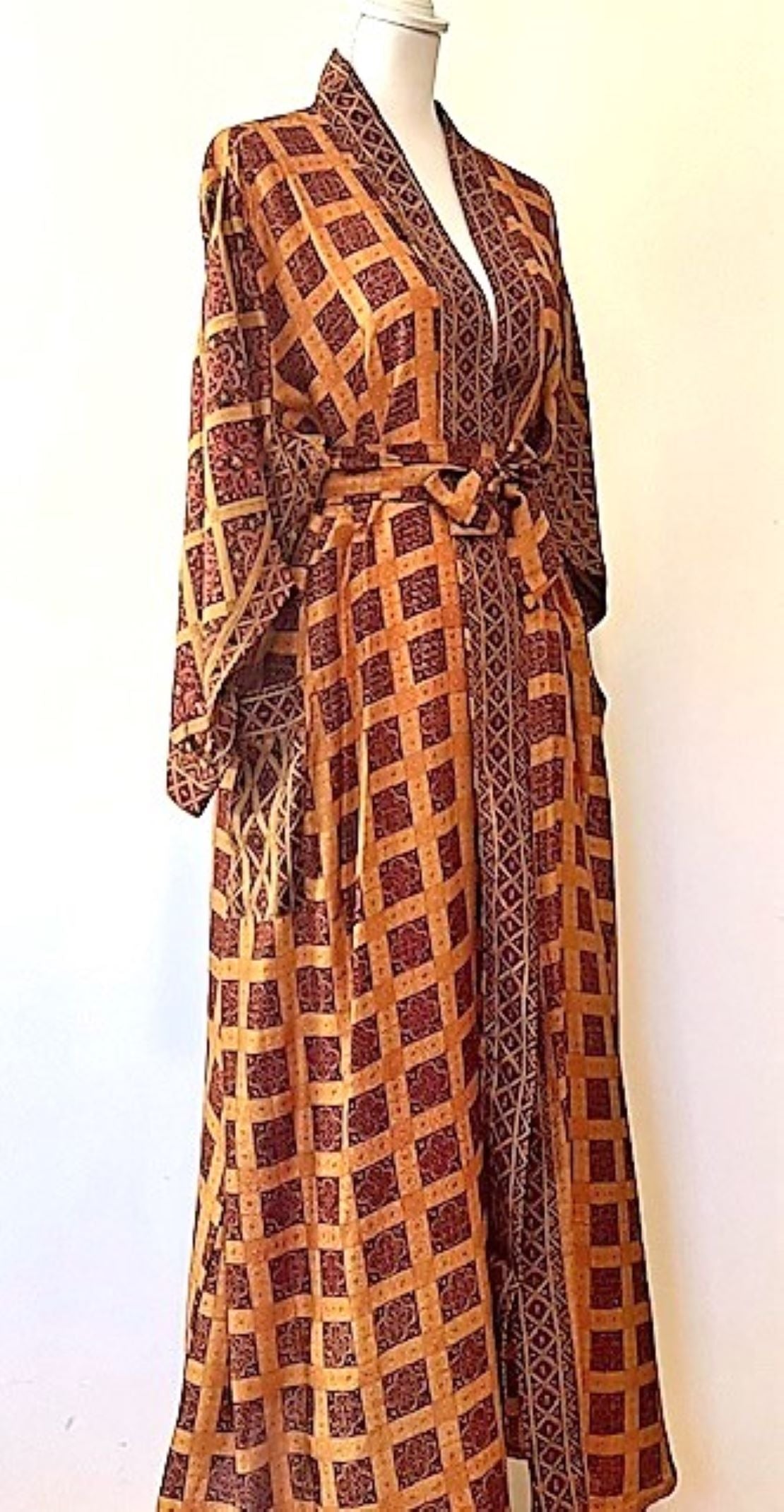 Luxury Silk Kimono Duster Dress; Uptown Print (Copper)