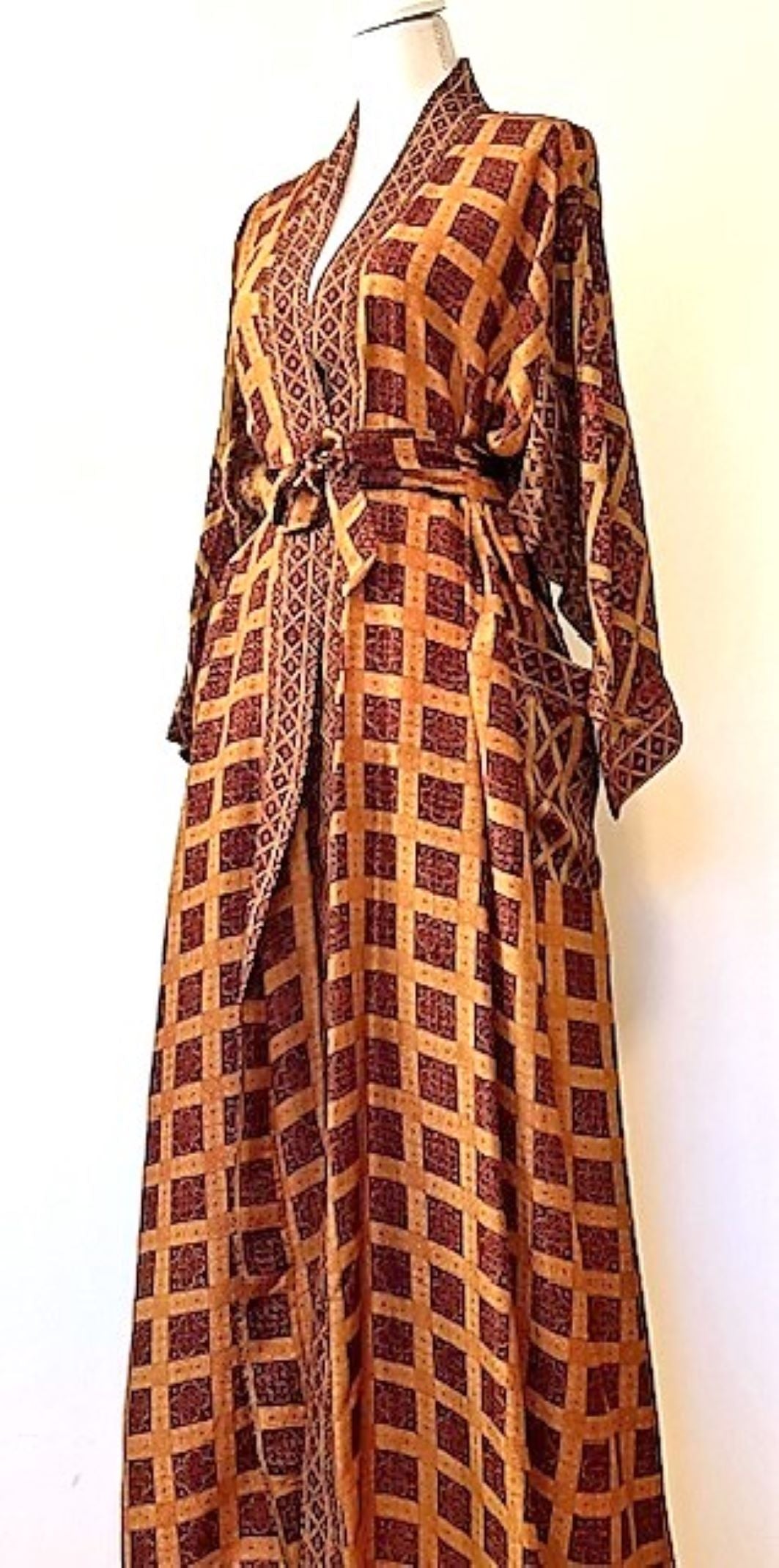 Luxury Silk Kimono Duster Dress; Uptown Print (Copper)