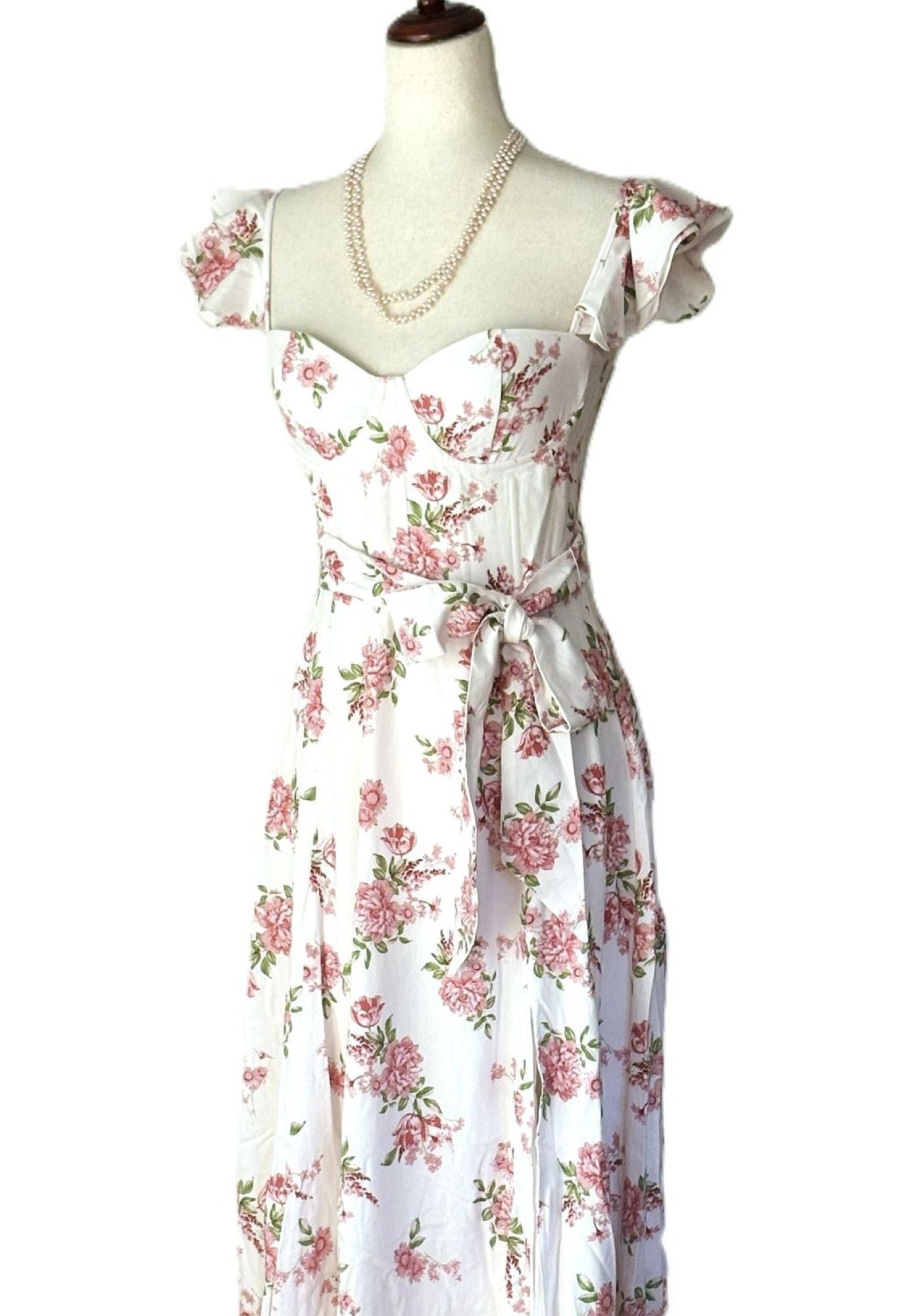 Dresses: Pink Floral Corset Flutter Midi.