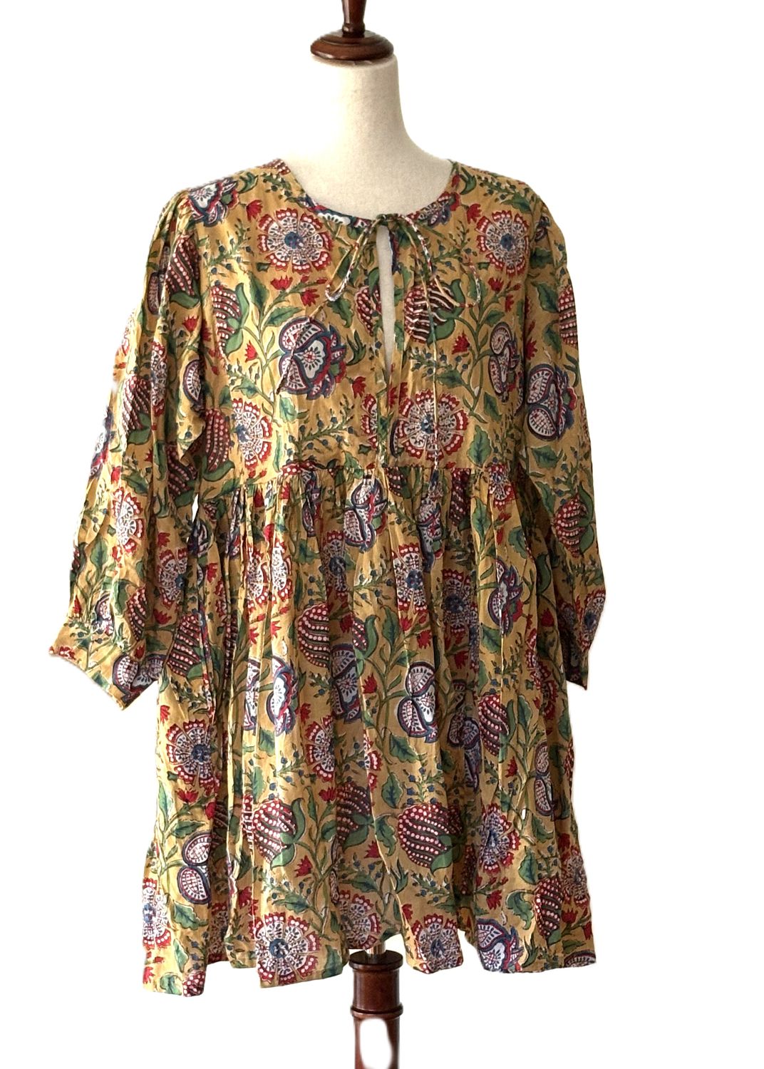 Dresses: Flattering Complex Block Print Cotton Short. (Mustard)