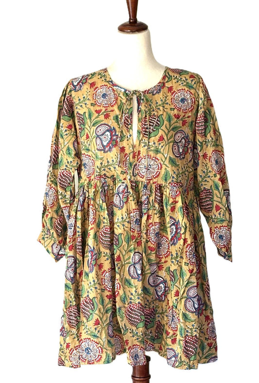 Dresses: Flattering Complex Block Print Cotton Short. (Mustard)