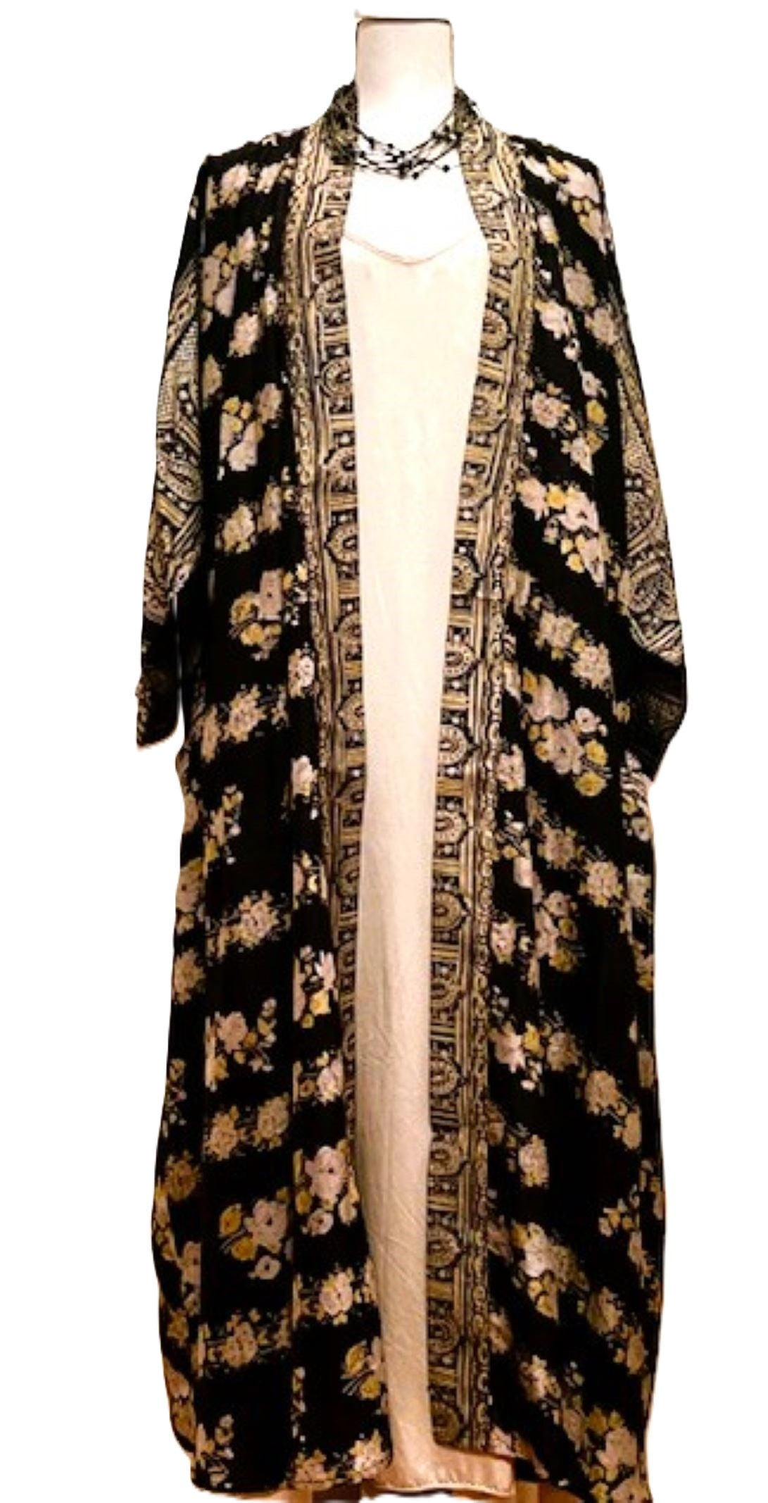 Long Silk Serenity Kimono Duster Is Striking In A Rich, Floral Print