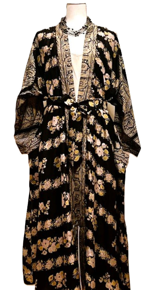 Long Silk Serenity Kimono Duster Is Striking In A Rich, Floral Print