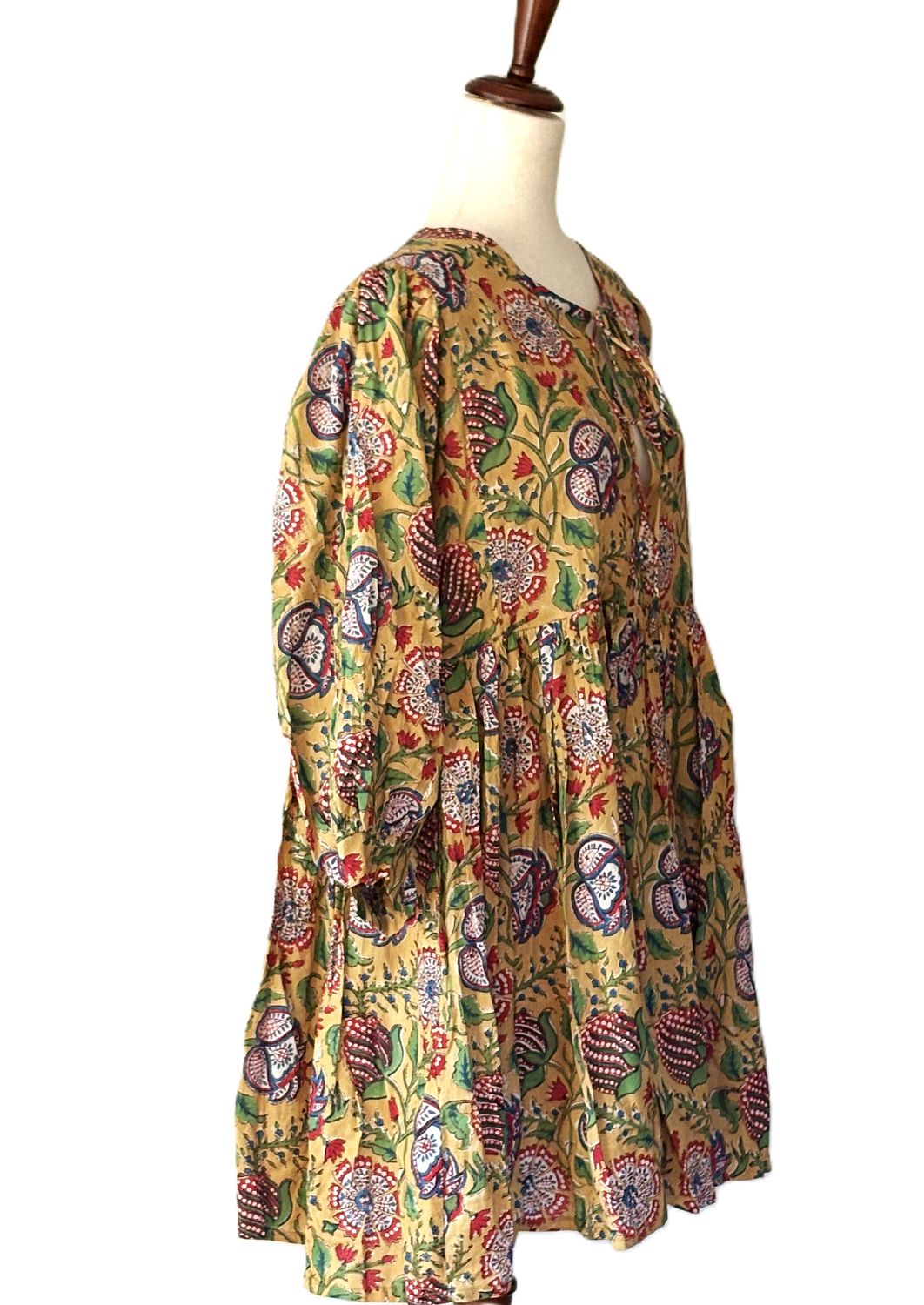 Dresses: Flattering Complex Block Print Cotton Short. (Mustard)