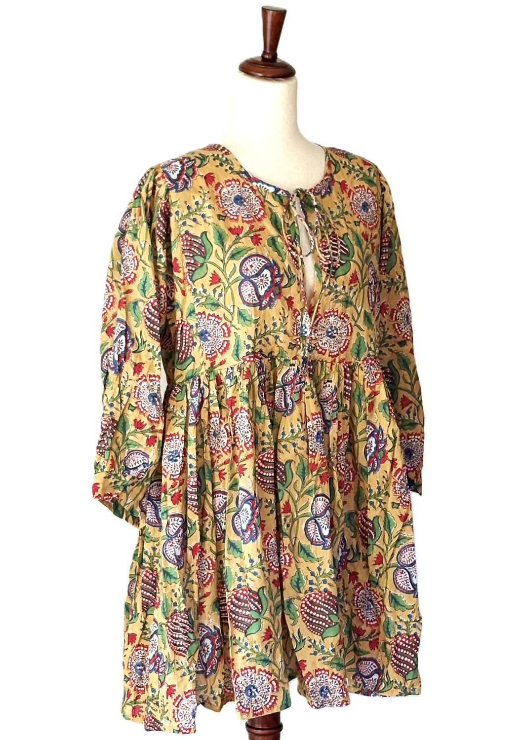 Dresses: Flattering Complex Block Print Cotton Short. (Mustard)