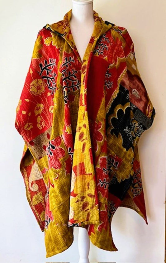 Kantha Bae Knee Length Poncho Coat - Asian Flower