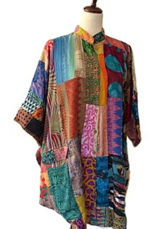Tunic, Kantha Bae Free To Be Patchwork Cotton Button Down, Silk Back Panel