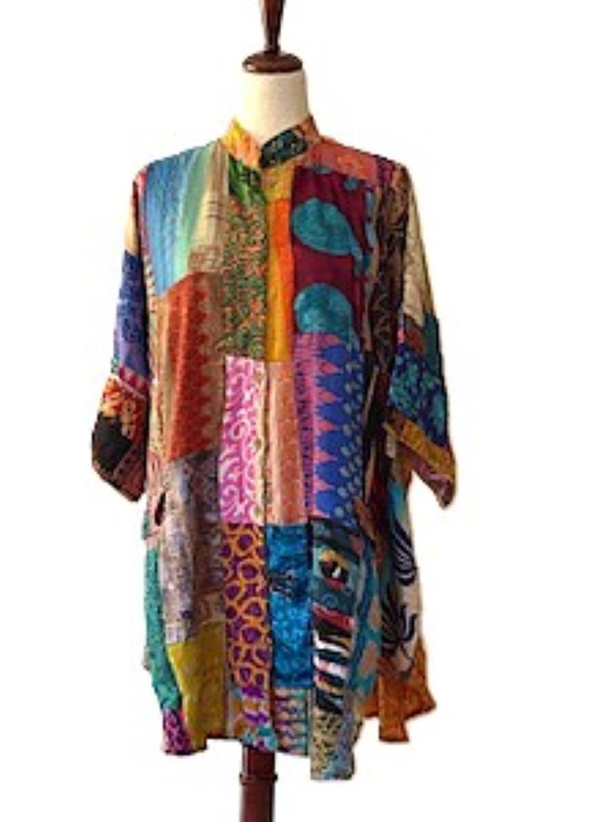 Tunic, Kantha Bae Free To Be Patchwork Cotton Button Down, Silk Back Panel