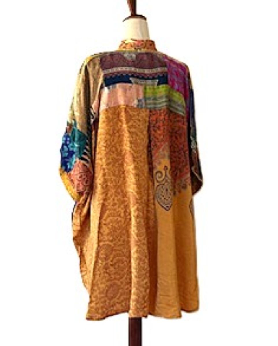 Tunic, Kantha Bae Free To Be Patchwork Cotton Button Down, Silk Back Panel