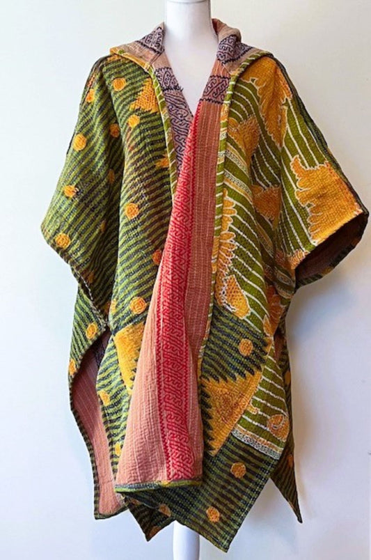 Kantha Bae Knee Length Poncho Coat - Green Fields