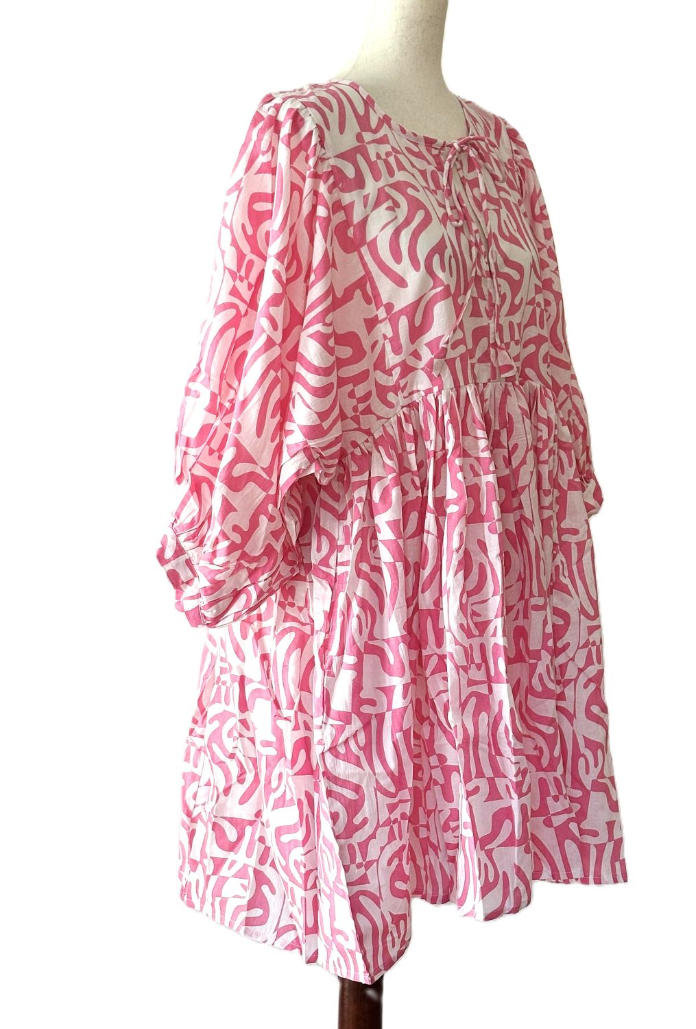 Dresses: Flattering Easy Basic Block Print Cotton Short (Pink)