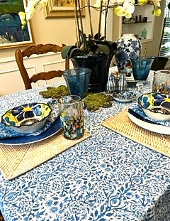 Block Print Set of Napkins and Tablecloth In a  Lively New Blue and White Pattern (72 X 108)