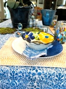 Block Print Set of Napkins and Tablecloth In a  Lively New Blue and White Pattern (72 X 108)