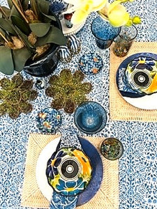 Block Print Set of Napkins and Tablecloth In a  Lively New Blue and White Pattern (72 X 108)
