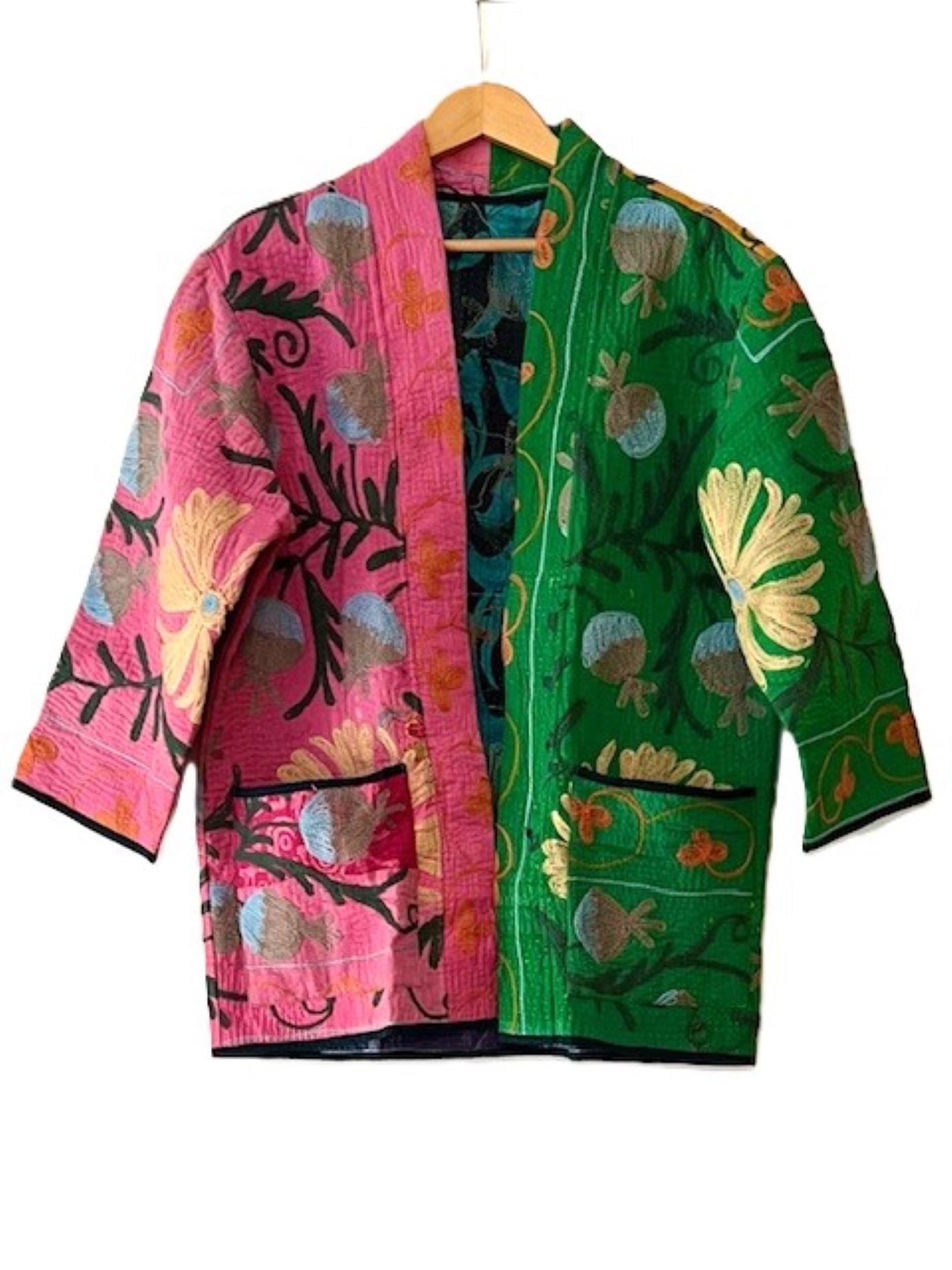 Short Suzani  Embroidered Quilted Jacket, Fully Reversible (Split Colors)