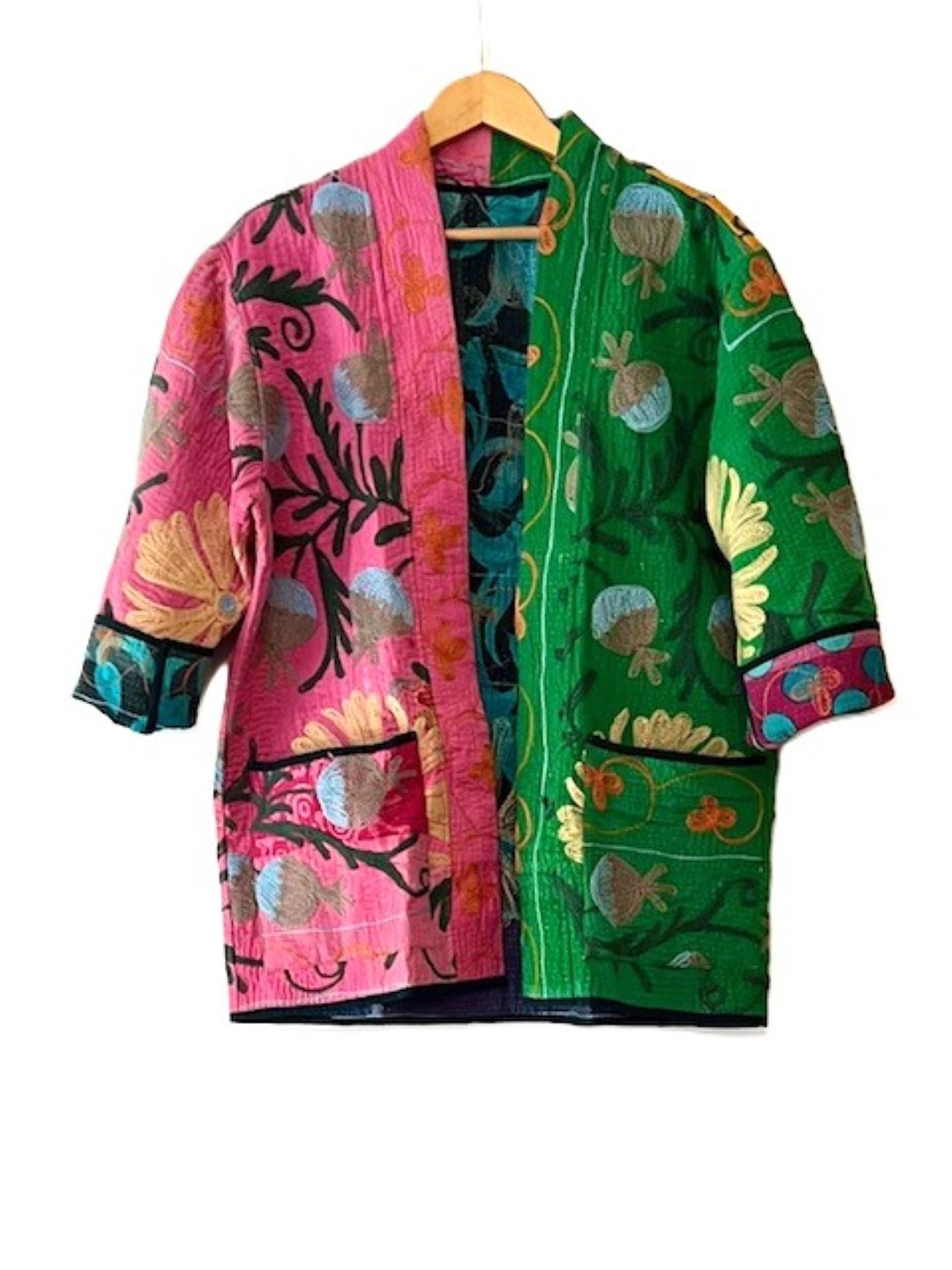 Short Suzani  Embroidered Quilted Jacket, Fully Reversible (Split Colors)