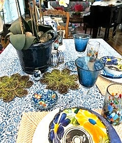 Block Print Set of Napkins and Tablecloth In a  Lively New Blue and White Pattern (72 X 108)