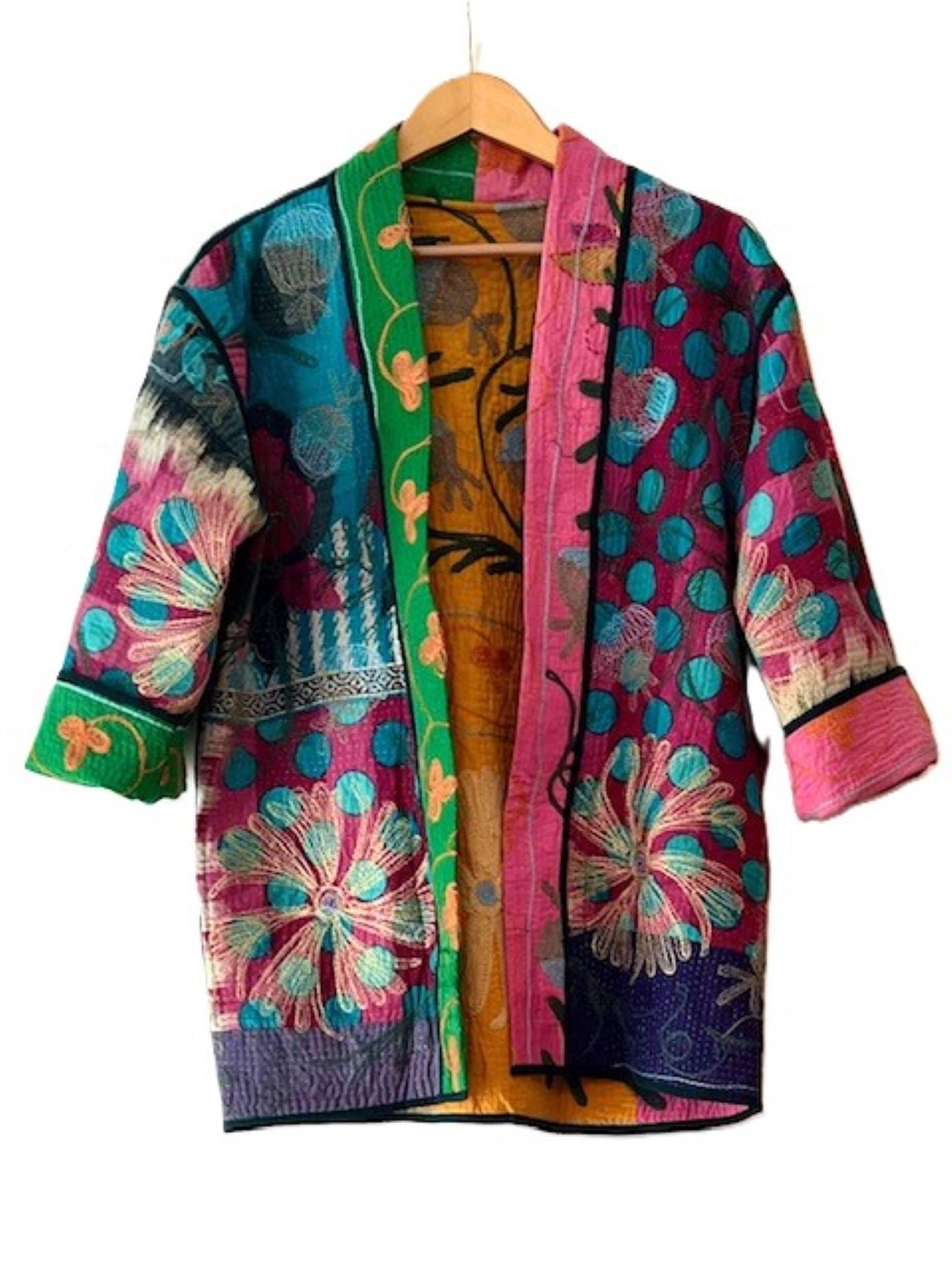 Short Suzani  Embroidered Quilted Jacket, Fully Reversible (Split Colors)