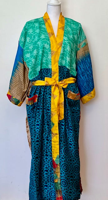 Luxury Silk Kimono Duster Dress:  Dramatic Bold Color Print Mix Green & Blue