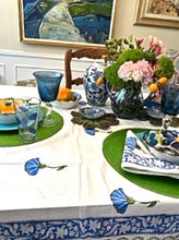 Set of White Linens With Bright Blue Petals Adorns The Table. (6 napkins/cloth)