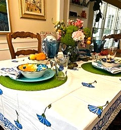 Set of White Linens With Bright Blue Petals Adorns The Table. (6 napkins/cloth)