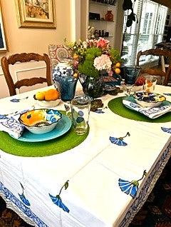 Set of White Linens With Bright Blue Petals Adorns The Table. (6 napkins/cloth)